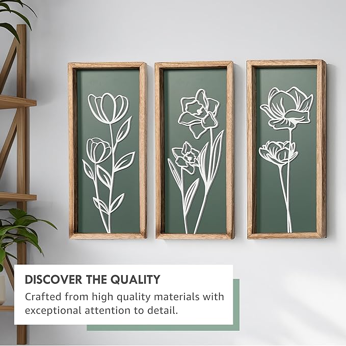 3D Floral Green Wall Art (Set of 3) Lightweight, Wooden Ready-to-Hang Boho Framed Wall Art for Bathroom, Master Bedroom, Living Room or Office - Premium Sage Green Farmhouse Decor - Gift-Boxed-Ruum Studio Home