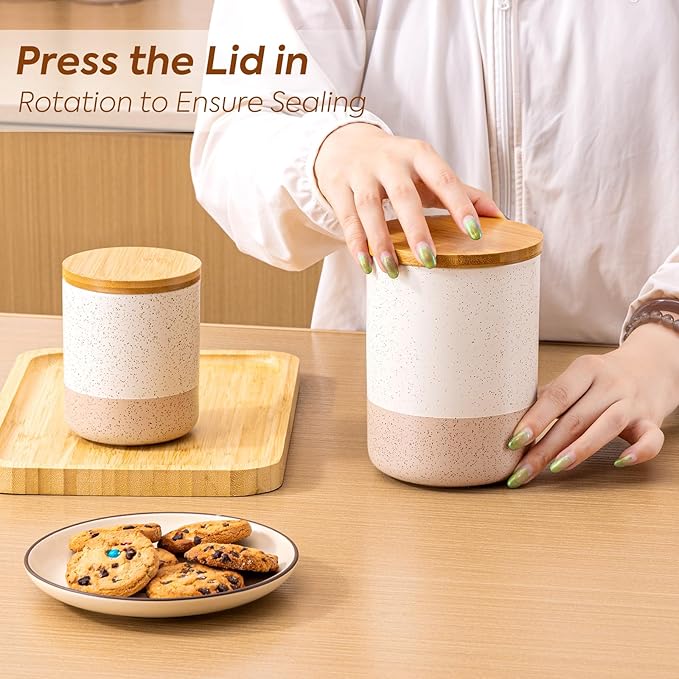 Yangbaga Canister Sets for Kitchen Counter, 40 OZ Large Ceramic Food Storage Jars with Airtight Wood Lids, Large Kitchen Canisters for Coffee, Sugar, Tea, Flour, Spice Visit the Store-Ruum Studio Home