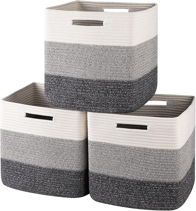 OIAHOMY 13 Kallax Inch Cube Storage Bins, 3-Pack Cotton Rope Woven Baskets for Organizing, Kallax Insert Storage Baskets for Shelves, Baby Nursery, Closet Organizer, 13*13*12.6IN, Gradient Gray-Ruum Studio Home
