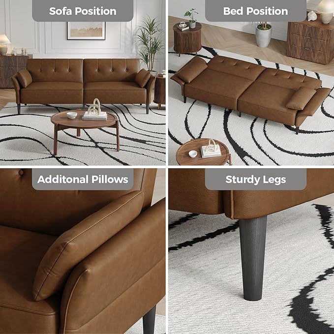 89” Futon Sofa Bed, Faux Leather Futon Couch Bed with 2 Square Pillows, Convertible Sleeper Sofa with Adjustable Backrest& Armrests, Modern Loveseat Sleeper for Living Room, Bedroom, Brown-Ruum Studio Home