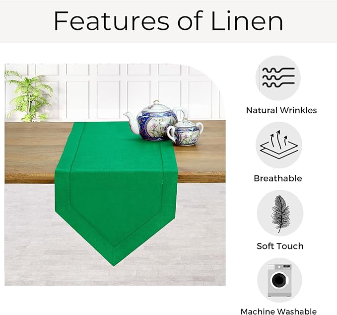 D'Moksha Homes Kelly Green Linen Table Runner 90 Inches Long - 100% Pure Linen Diamond Table Runner 14 x 90 Inch for Dining, Fall and Halloween - Machine Washable-Ruum Studio Home