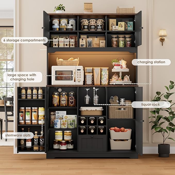 FINETONES 71" Pantry Cabinet with LED Light and Charging Station, Kitchen Pantry Cabinet with Microwave Stand, Kitchen Hutch Food Storage Cabinet with Outlet and Wine Racks, Black-Ruum Studio Home