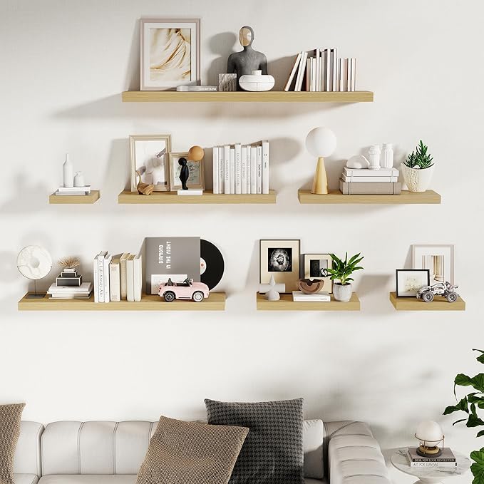 Fun Memories 24 Inch Floating Shelves Wall Mounted, 10 Inch Deep Wall Shelves, 24 x 10 Floating Shelf for Living Room Bathroom Bedroom, Oak, Set of 2-Ruum Studio Home