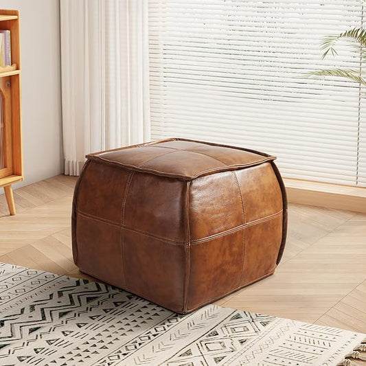 Leather Ottoman,Handmade Stuffed Square Ottoman,Genuine Leather Pouf, Foot Rest Pouf,Comfortable Soft Seating for Living Room & Bedroom (Brown, Square)-Ruum Studio Home