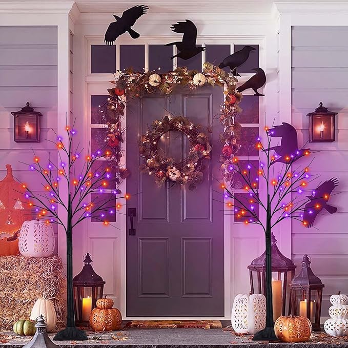 2Pack 4FT 100LED Black Halloween Tree Lights, Timer Function Halloween Trees with Purple and Orange Lights, Spooky Trees Light for Indoor Outdoor Halloween Decorations-Ruum Studio Home