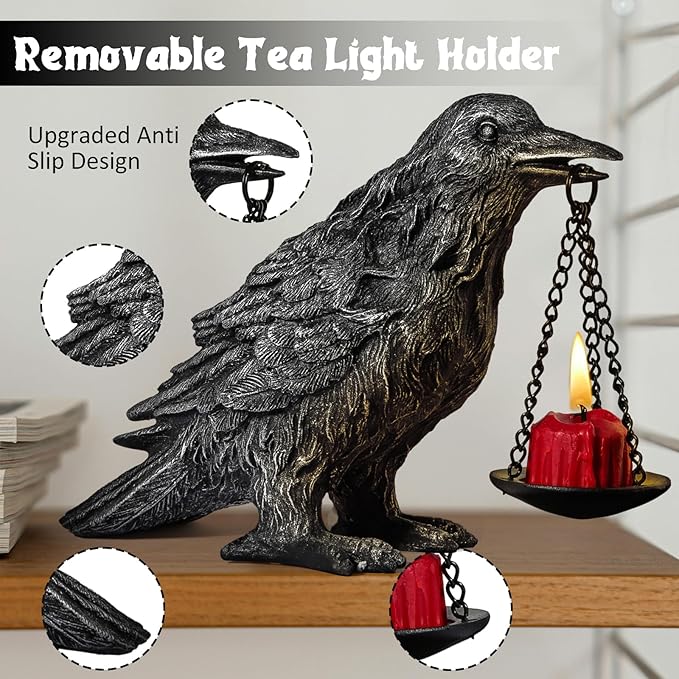 Gothic Home Decor Fake Crow Light Holder Raven Lamp Tealight Candle Holder Resin Statue Half Silver-Ruum Studio Home