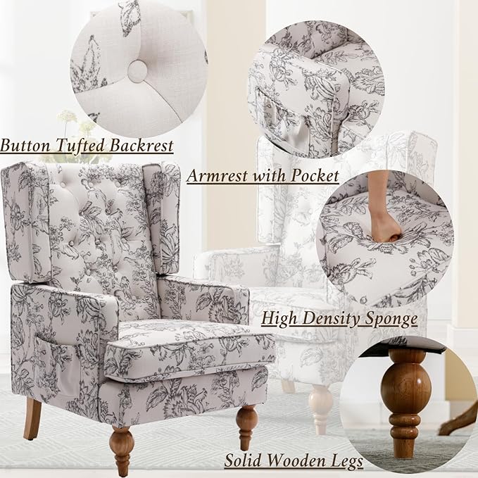 Mid-Century Accent Chair, Upholstered Arm Chair Linen Fabric Side Chair with High Back Solid Wooden Legs, Comfy Reading Chair for Living Room Bedroom, Floral Pattern-Ruum Studio Home