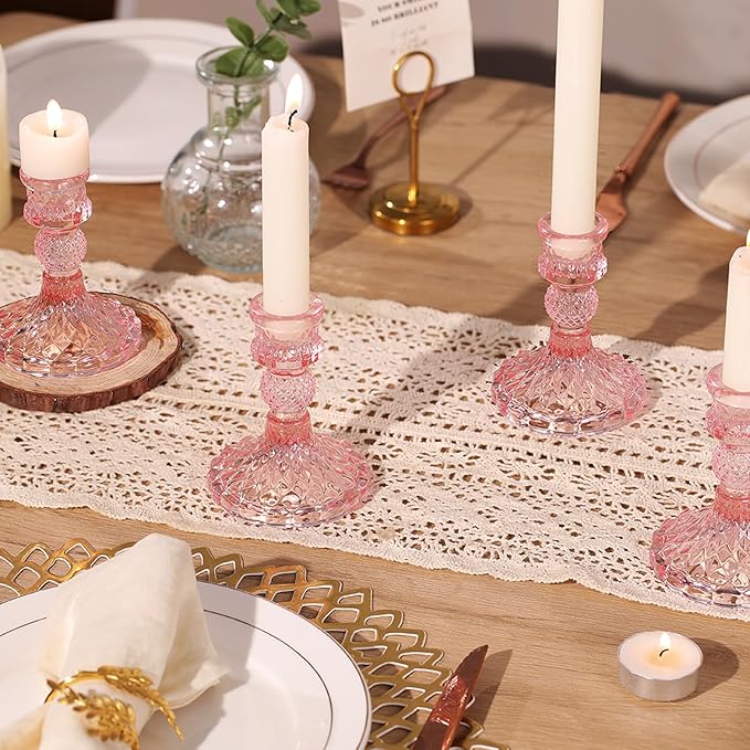12Pcs Pink Candlestick Holders Set- 4" H Taper Candle Holders Bulk, Glass Candle Holders for Wedding, Party, Romantic Dinner Table Centerpieces, Festival Gifts & Windowsill Decor-Ruum Studio Home
