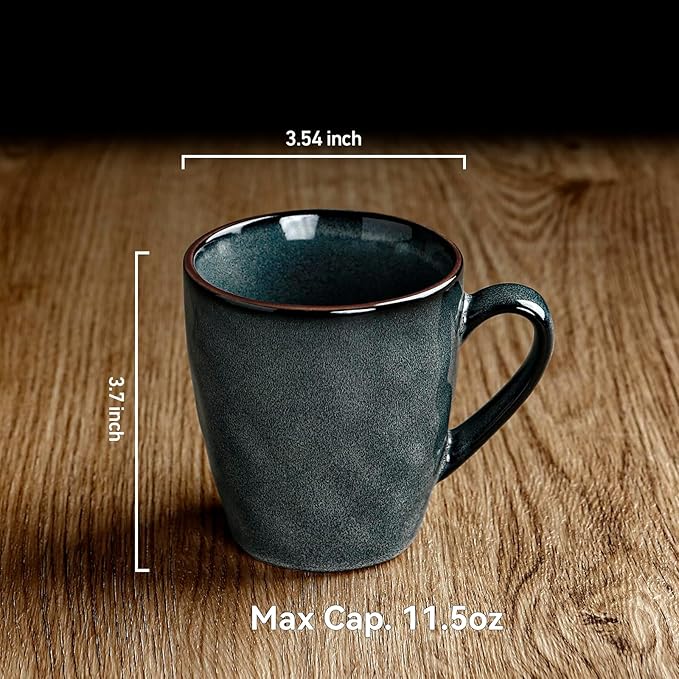 famiware Coffee Mugs Set of 4, Ocean Round 11.5oz Coffee Cup Set with Handle for Cocoa, Milk, Hot Chocolate, Stoneware Cups for Kitchen, Reactive Glaze, Microwave Dishwasher Safe, Deep Forest-Ruum Studio Home