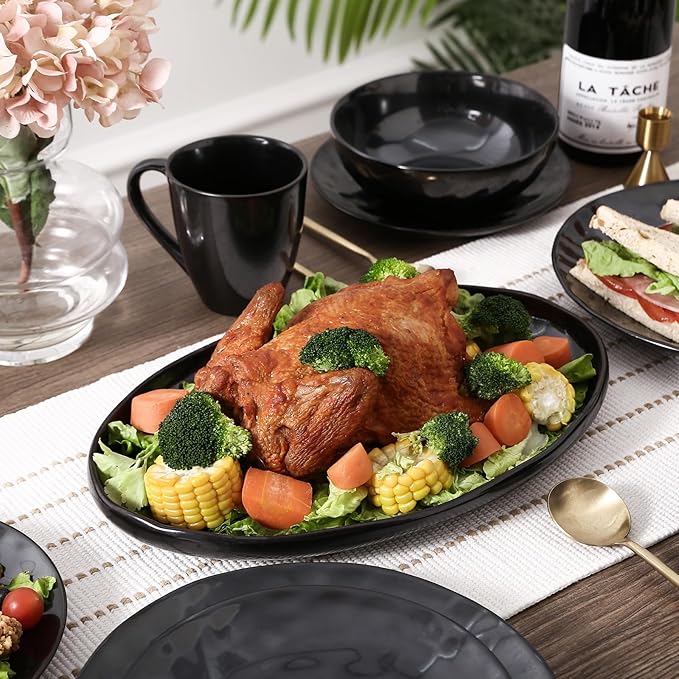 vicrays Serving Platter Ceramic Tray Plates Extra Large Oval 14.5 Inch Porcelain Dinner Plates Long Serving Dish Set Entertaining Party Restaurant Food Meat Sushi Fish Turkey Platter - Black-Ruum Studio Home