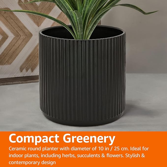 Amazon Basics Fluted Ceramic Round Planter, 10-inch, Black-Ruum Studio Home