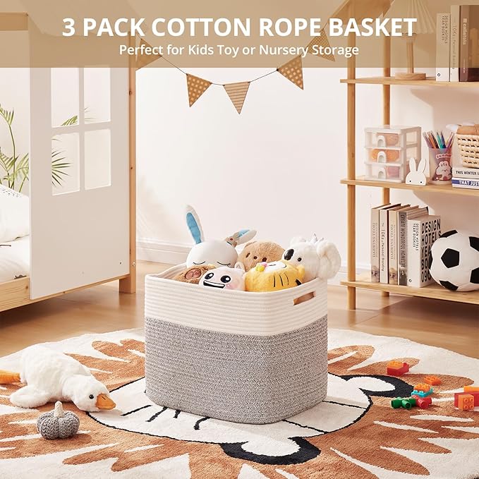 OIAHOMY 13 Kallax Inch Cube Storage Bins, 3-Pack Cotton Rope Woven Baskets for Organizing, Kallax Insert Storage Baskets for Shelves, Baby Nursery, Closet Organizer, 15*13*12.6IN, Grey & White-Ruum Studio Home