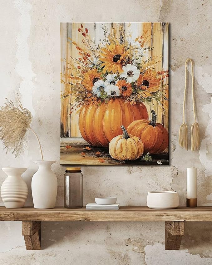 Rustic Autumn Fall Floral Pumpkin Wall Art Decor, Fall Floral Botanical Print for Thanksgiving Decorations, Autumn Wall Art Print for Farmhouse Living Room Bedroom Fall Decor, Ready to Hang-Ruum Studio Home