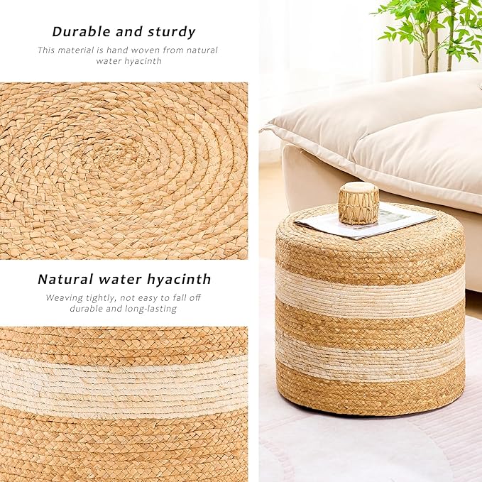 Handwoven Ottoman Pouf, Natural Water Hyacinth Footstool, Round Braided Outdoor Seat with Sturdy Frame, Boho Accent Stool for Patio, Balcony, or Garden (White)-Ruum Studio Home