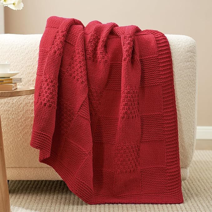 Amélie Home Chenille Knit Throw Blanket for Couch, Checkered Texture Decorative Soft Blanket for Sofa, Bed & Living Room, 50"x60", Red-Ruum Studio Home
