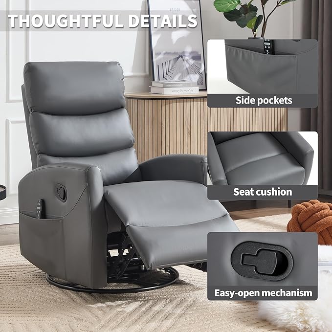 Manual Swivel Rocker Recliner Chair for Adults, Overstuffed Reclining Glider Chair for Nursing with Vibration Massage & Heat, Living Room Rocking Recliner 3-Stage backrest, Faux Leather Gray-Ruum Studio Home