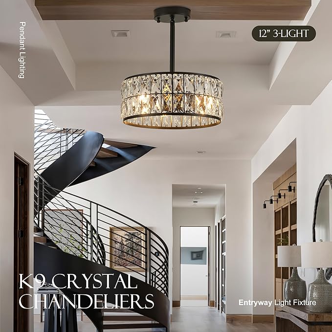 12” 3-Light Modern Crystal Chandeliers Black Dinning Room Light Fixture with Two Poles, Round Pendant Light Kitchen Island Chandelier, Flush Mount Ceiling Light for Living Room Entryway-Ruum Studio Home