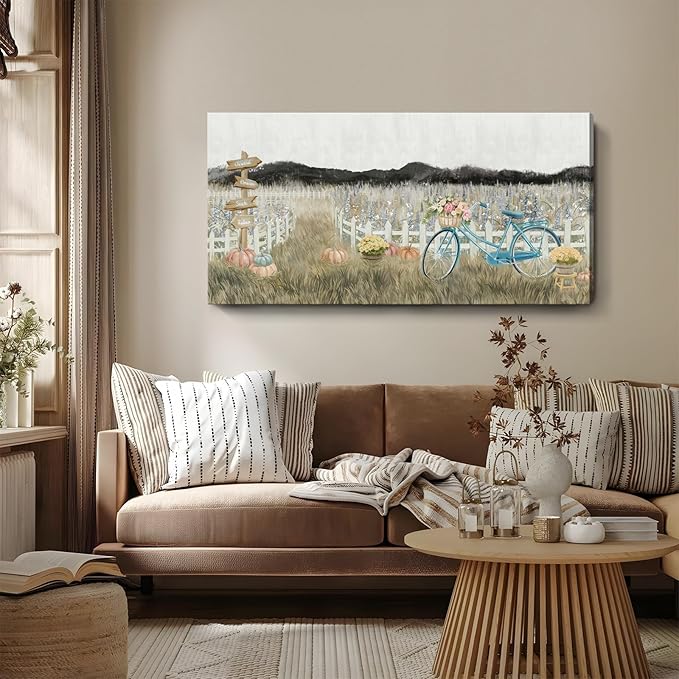 Large Wall Art for Living Room Farmhouse Wall Decor, Modern Boho Vintage Organnic Country Rustic Cottagecore Neutral Landscape Artwork with Mountains Bicycle Flower, Floral Picture Bedroom Kitchen-Ruum Studio Home