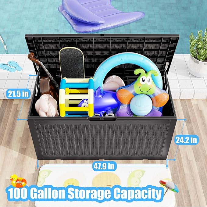 100 Gallon Deck Box,Resin Outdoor Storage Box with Lockable for Patio Furniture, Pool Accessories, Garden Tools Waterproof Outside Storage Box, Black-Ruum Studio Home