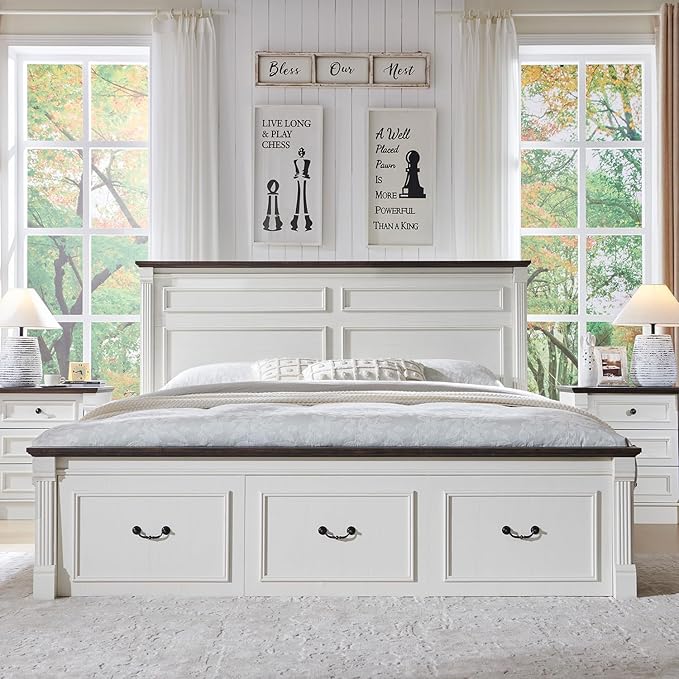 26" Tall Farmhouse Nightstand, 3 Drawers End Table w/Charging Station, 23.6" Wide Large Side Table w/Roman Column, Wood Rustic Sofa Table for Bedroom, White-Ruum Studio Home