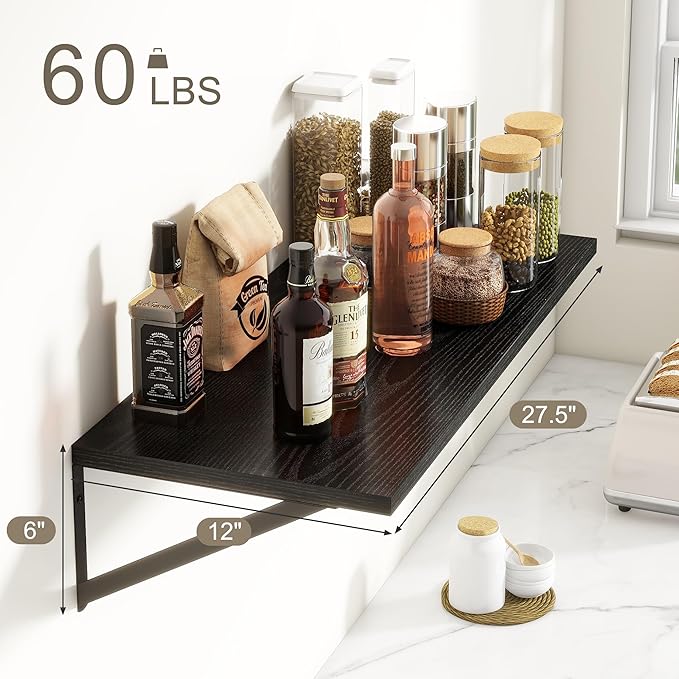 Fun Memories 27.5" W x12 D Floating Shelves, Black Wall Shelf with Brackets, 12 Inch Deep Floating Shelf Set of 2, Large Storage Kitchen Living Room Bathroom Shelves, Wood Wall Mounted Shelf-Ruum Studio Home