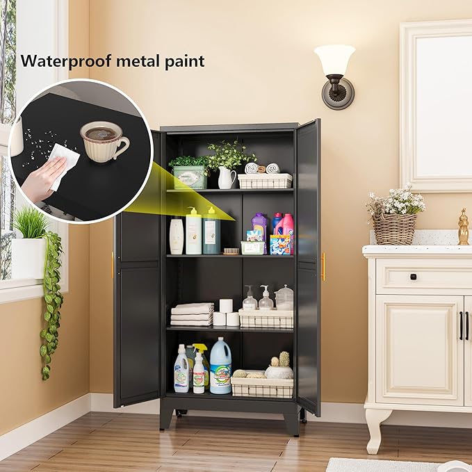 Black Metal Storage Cabinet, 48" Steel Cabinets for Home Office, Kitchen Pantry Storage Cabinet with Doors and 3 Adjustable Shelves, for Office, Home, Garage, School-Ruum Studio Home