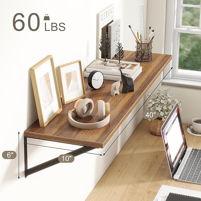 Fun Memories 40 Inch Floating Shelves, 10 Inch Deep Wall Shelf, 40 x 10 Floating Shelf Set of 2, Wood Floating Shelf Wall Mounted, Large Kitchen Living Room Bedroom Storage Shelves, Rustic Brown-Ruum Studio Home