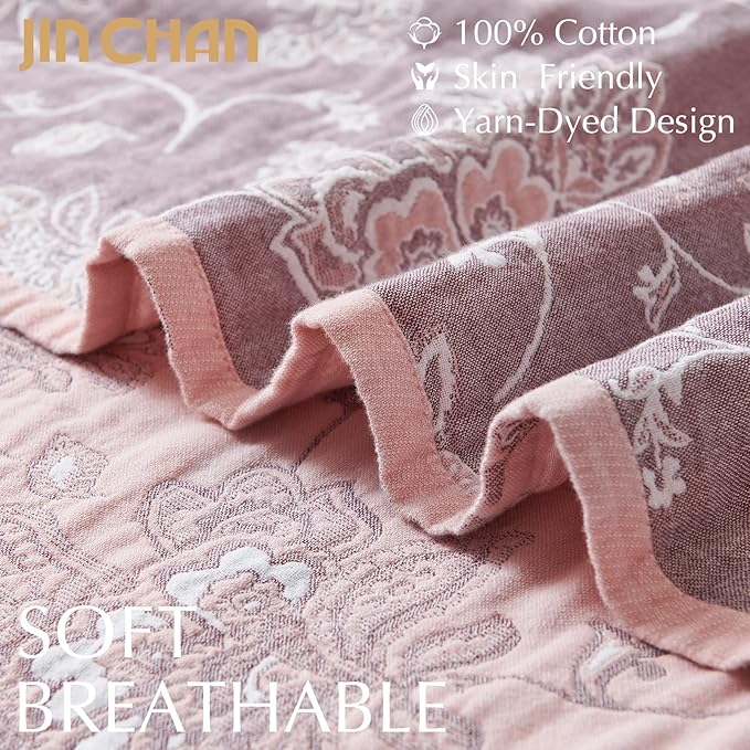 jinchan Boho 100% Cotton Muslin Twin Size 60x80 Inches Blanket Lightweight 4-Layer Quilted Soft Pink Red Floral Throw Blanket Reversible Comfy Flower Breathable All Seasons Couch Bedroom Decor-Ruum Studio Home