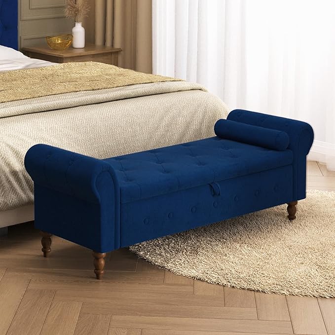 Storage Ottoman Bench for Bedroom, 63" End of Bed Bench with Rolled Arms Upholstered Ottoman Bench Fit for Bedroom, Living Room, Entryway, Velvet Navy Blue-Ruum Studio Home