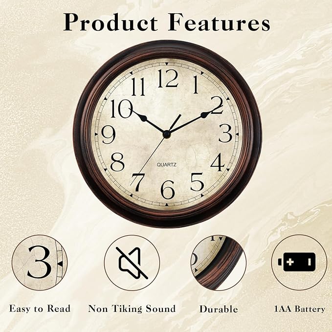 12 Inch Wall Clocks Battery Operated Silent Non-Ticking Analog Wall Clock Vintage Retro Rustic Style Decorative for Living Room Kitchen Home Office(Bronze)-Ruum Studio Home