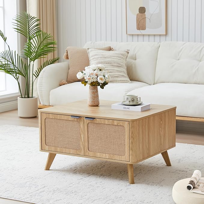 AVZEAR Wood Lift Top Coffee Table with Storage, Boho Modern Coffee Table with Nature Linen Doors & Large Hidden Storage, Rounded Corners Center Table Farmhouse Coffee Tables for Living Room, Natural-Ruum Studio Home