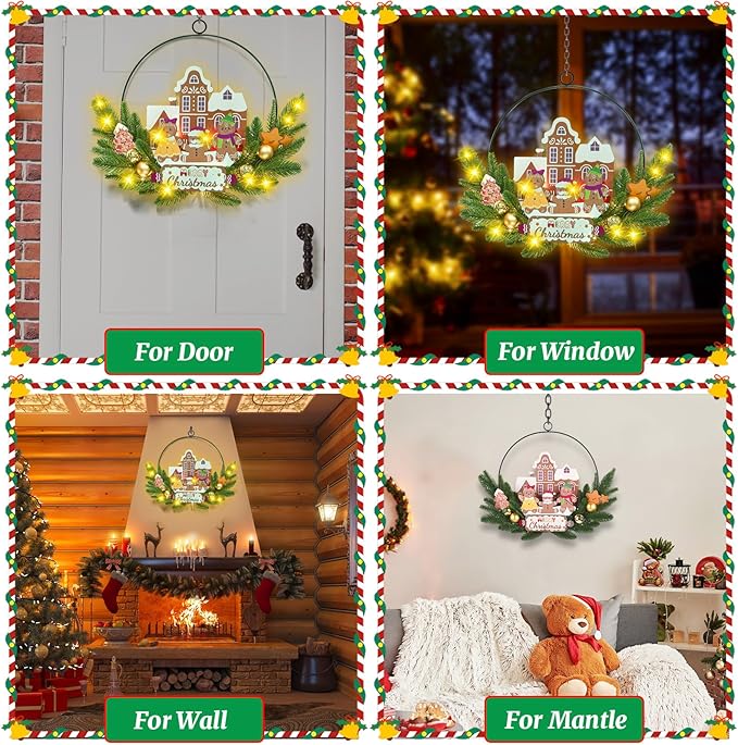 Light up Christmas Wreaths for Front Door, Welcome Metal Wooden Door Wreath Decor Hanging Sign, 30 LED Lighted Wall Decor Battery Operated for Halloween Indoor Outdoor (Gingerbread Man)-Ruum Studio Home