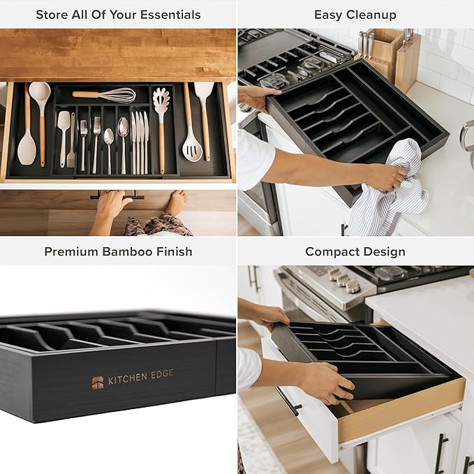 Premium Silverware, Flatware and Utensil Organizer for Kitchen Drawers, Food-Safe Contract Grade, Expandable from 18 to 33 In, Black Bamboo-Ruum Studio Home