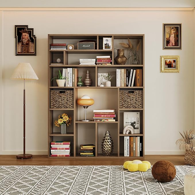71” Tall Wooden Bookcase 6-Tier Large Bookshelves with 2 Woven Baskets, 55" Wide Floor Standing Wood Display Organizer Shelves for Living Room（Brown）-Ruum Studio Home