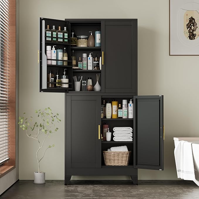 75" H Metal Storage Cabinet, Pantry with 6 Door Shelves and 4 Adjustable Shelves, Leveling Foot for Kitchen, Living Room and Dinning Room, Black-Ruum Studio Home