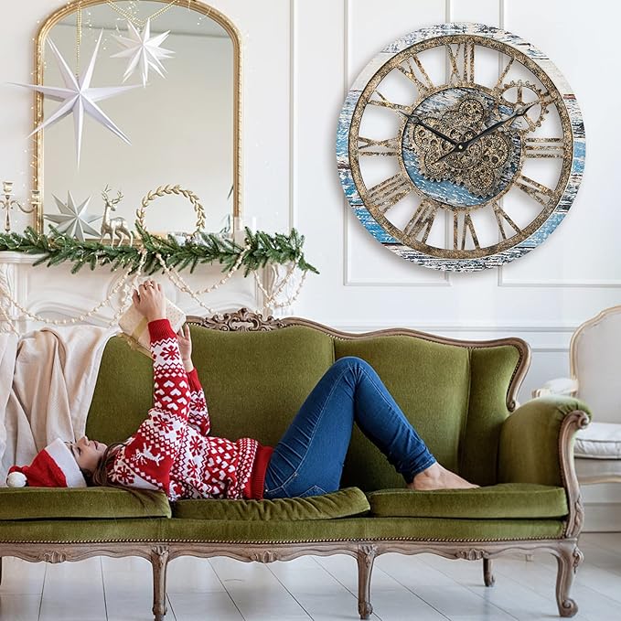 HOIBAI Large Wall Clock, Wall Clocks for Living Room Decor 20 Inch Farmhouse Vintage Rustic Kitchen Wall Decor Vintage Roman Oversized Wall Clock for Home Bedroom House Office, Moving Gears Clock-Ruum Studio Home