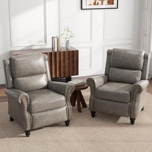 UIXE Pushback Recliner Chairs Set of 2, Faux Leather Armchair Push Back Accent Chair for Living Room, Rivet Trim Club Arm Chair Overstuffed Home Theater Single Sofa Reading Seat with Footrest - Gray-Ruum Studio Home