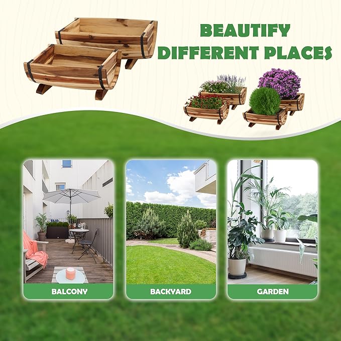 IDZO Solid Acacia Wood Half Barrel Planters Outdoor Set of 2 Different Sizes, Wooden Planters for Outdoor Plants with Metal Bands & Drainage Holes, Legs Included, Natural-Ruum Studio Home