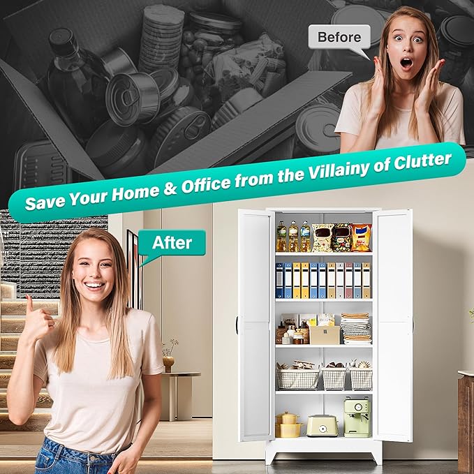 75" Tall Pantry Cabinet,Farmhouse Kitchen Pantry Storage Cabinets with 2 Doors and 5 Shelves,White Metal Storage Cabinet,Large Cupboard for Home,Kitchen,Dining/Living Room-Ruum Studio Home