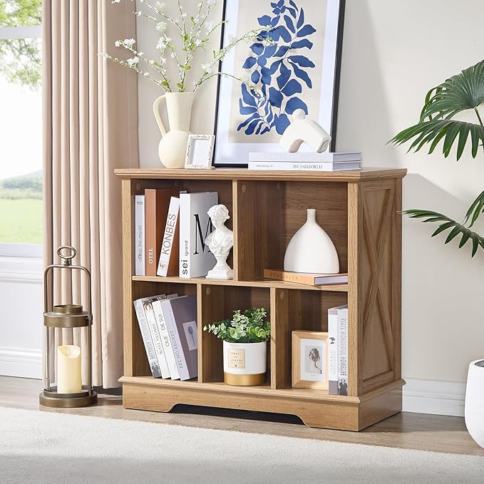 Farmhouse 5 Cube Bookshelf, Storage Organizer Bookcase, Kids Toy Storage Cabinet, Small Bookshelves Storage Organizer Shelf, Wood Display Cabinet Book Shelves for Bedroom,Living Room,Natural Oak-Ruum Studio Home