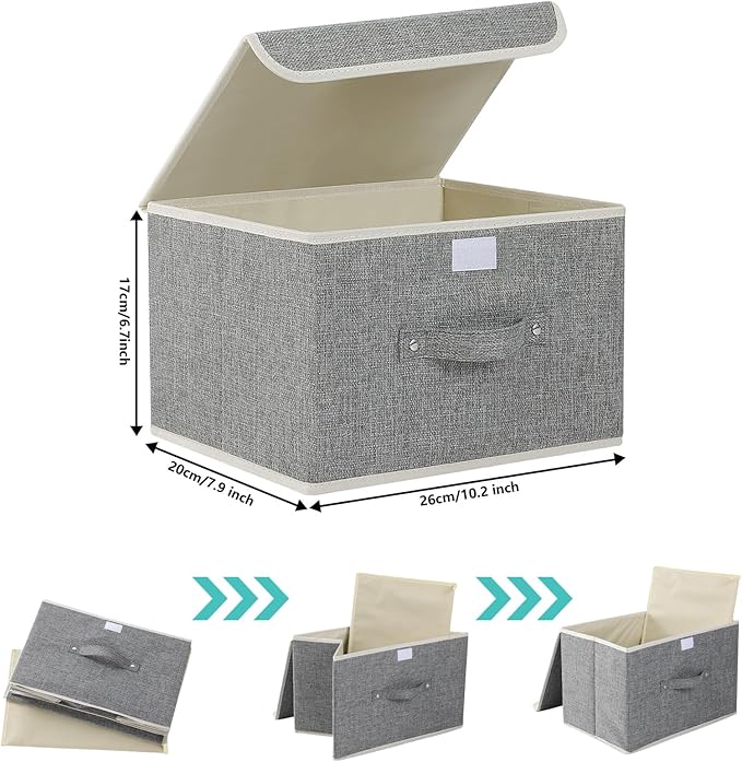 Storage Boxes, Collapsible Storage Bins with Lids, Cotton and linen cloth Storage Baskets with Handle, for Books, Closet, Bedroom, Home, 10.2x7.9x6.7 in, Grey-Ruum Studio Home