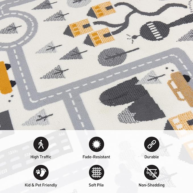 Rugshop Kids Play Road Rug for Playroom,Kidsoom,Nursery Room Interactive Cityscape for Cars and Toys Indoor Soft Runner Rug 2'x7' Cream-Ruum Studio Home