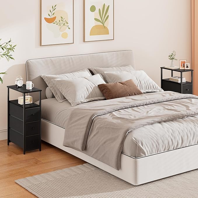 TUTOTAK Narrow Night Stand, Slim End Table, Tall Side Table with 3 Fabric Drawer, Small Bedside Table with Storage, Set of 2, for Living Room, Bedroom, Black TB01BK072-Ruum Studio Home