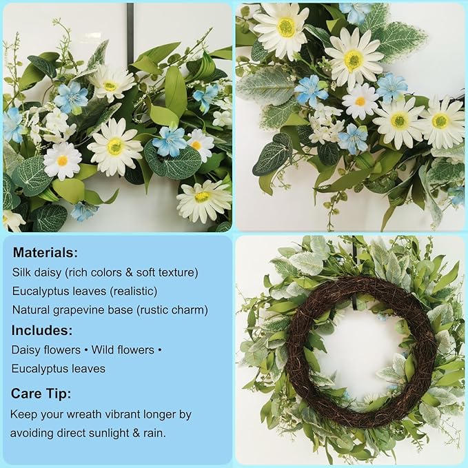24 Inch Wreaths for Front Door, Large Spring Summer Artifiical Wreath with Blue White Daisy Flower, All Season Floral Wreaths for Porch Window Wall Decor Outside Indoor Outdoor Decorations-Ruum Studio Home