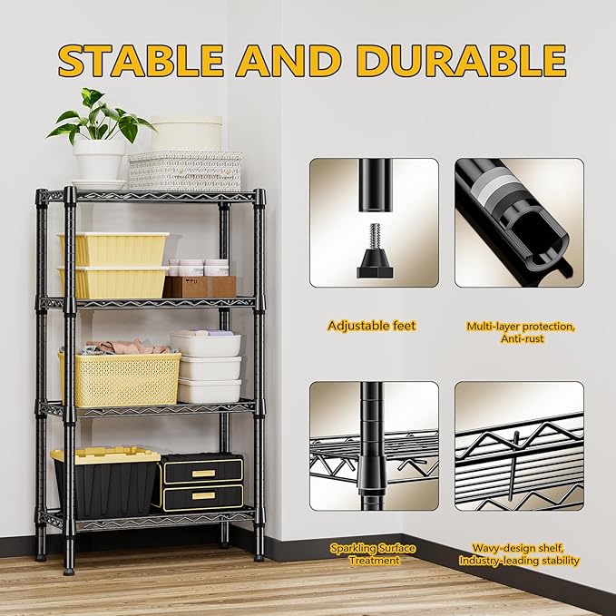 1000 lbs 4 Tier Shelf Metal Storage Shelves Wire Rack Closet Organizers for Garage Kitchen Bathroom Laundry Black 11.8" D x 25.6" W x 45.5" H-Ruum Studio Home