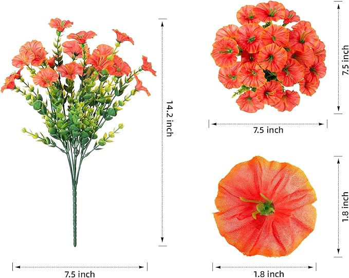 Artificial Fall Flowers Fake Plants for Outdoors Autumn Decoration, 12 Bundles Orange Silk Morning Glory with Eucalyptus Look Real UV Resistant Faux Flowers for Outside Planters Front Door Yard Indoor-Ruum Studio Home