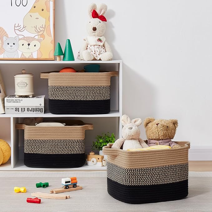 Storage Basket for Organizing, Woven Baskets for Storage, Rectangle Decorative Baskets for Shleves, Closet, Toys, Books, Nursery Organizer Bins - Pack of 3 (Black & Brown)-Ruum Studio Home