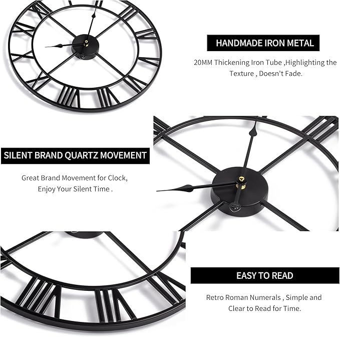 LEIKE 16" Large Wall Clocks Battery Operated, Round Modern Silent Non-Ticking Black Metal Wall Clock for Living Room Decor, Bedroom Kitchen (40cm Diameter, Black Roman Number)-Ruum Studio Home