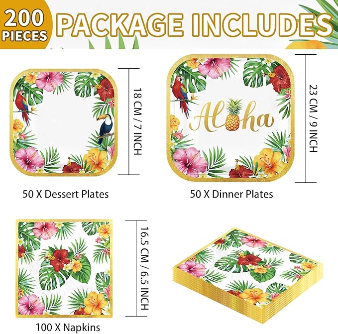 Grencian 200Pcs Hawaiian Luau Party Decorations Aloha Tropical Hibiscus Floral Luau Plates and Napkins Palm Leaf Tableware Sets for Summer Holiday Hawaiian Birthday Dinner Party Supplies Serves 50-Ruum Studio Home