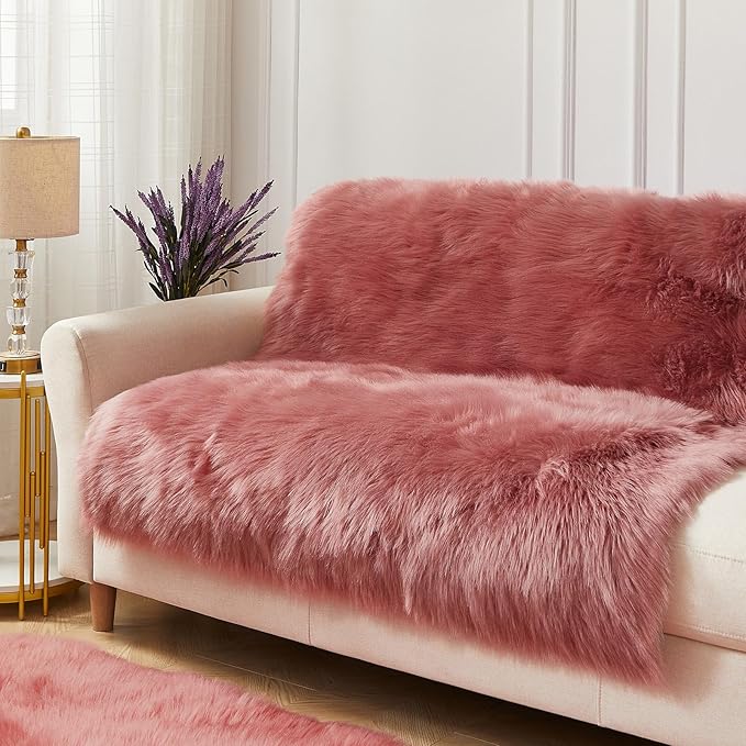 AMTOVO Faux Fur Sheepskin Rug for Living Room, 4 x 6 ft Blush Pink Fluffy Area Rug for Bedroom, Playroom, Luxury Room Decor, Rectangle-Ruum Studio Home